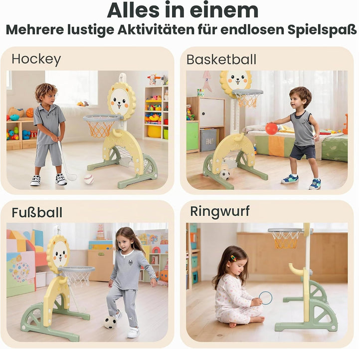 3-in-1 Kinder Basketballkorb Set, Höhenverstellbarer Basketballständer mit Fussballtor und Ringwurf,