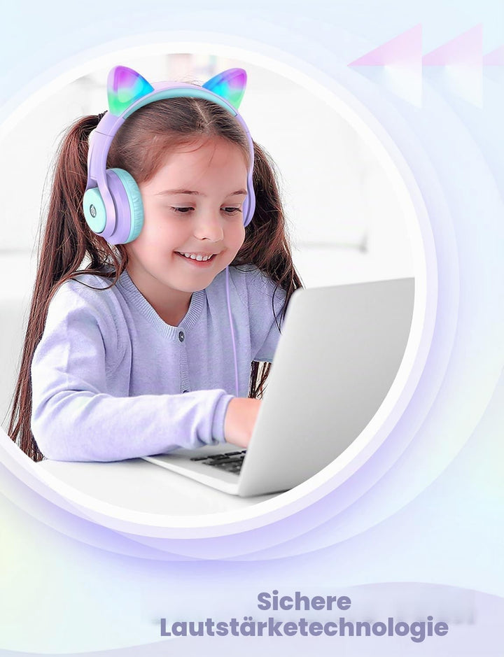 iClever Kinder Kopfhörer, Katzenohr-LED-Leuchte Over-Ear mit 85dBA Lautstärkebegrenzung Faltbare HD