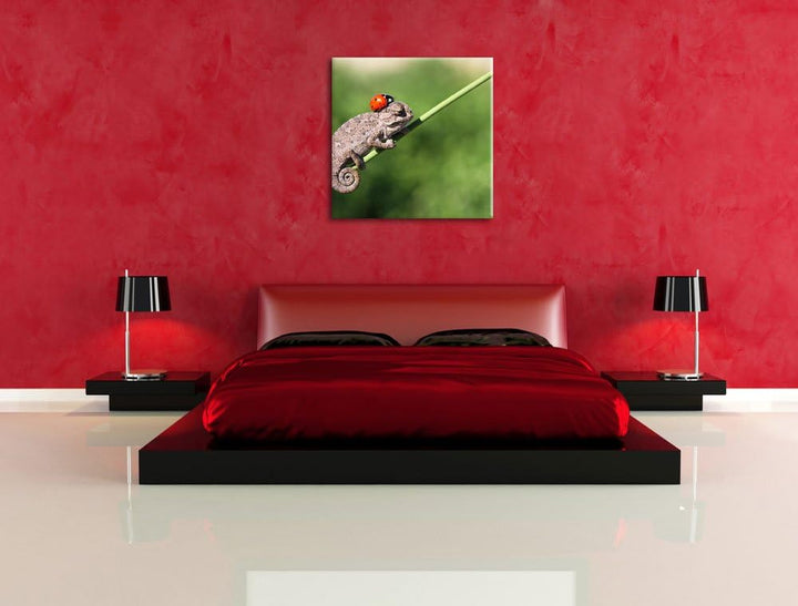 Pixxprint Süsser Gecko mit einem Marienkäfer als Leinwandbild Quadratisch/Grösse: 70x70 / Wandbild/K