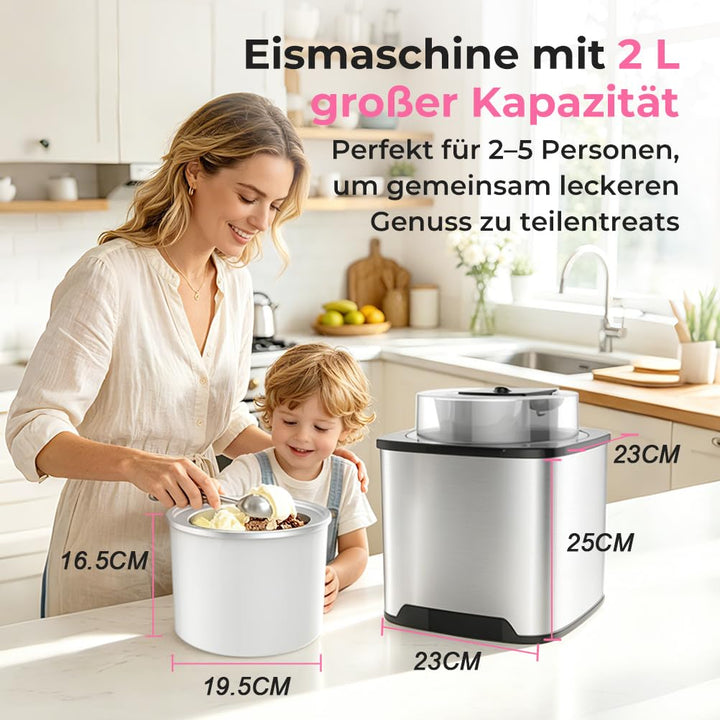 Eismaschine Eiscrememaschine aus Edelstahl mit entnehmbarem Eisbehälter, inkl. Rezeptheft(MEHRWEG)