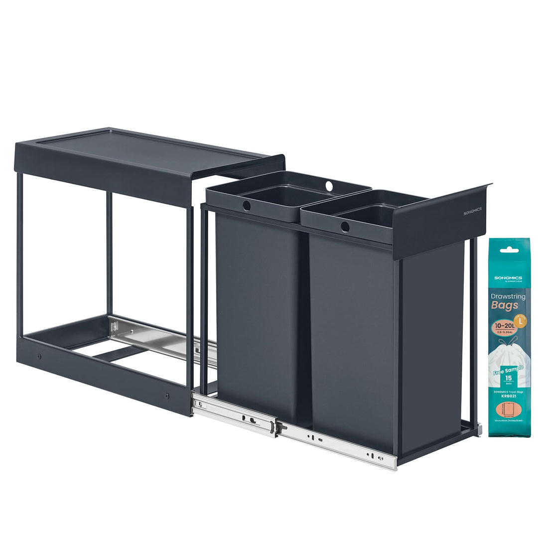 SONGMICS Mülleimer küche, Mülltrennsystem für Unterschrank, 2 x 15 L, Abfalleimer 2 Fächer, ausziehb