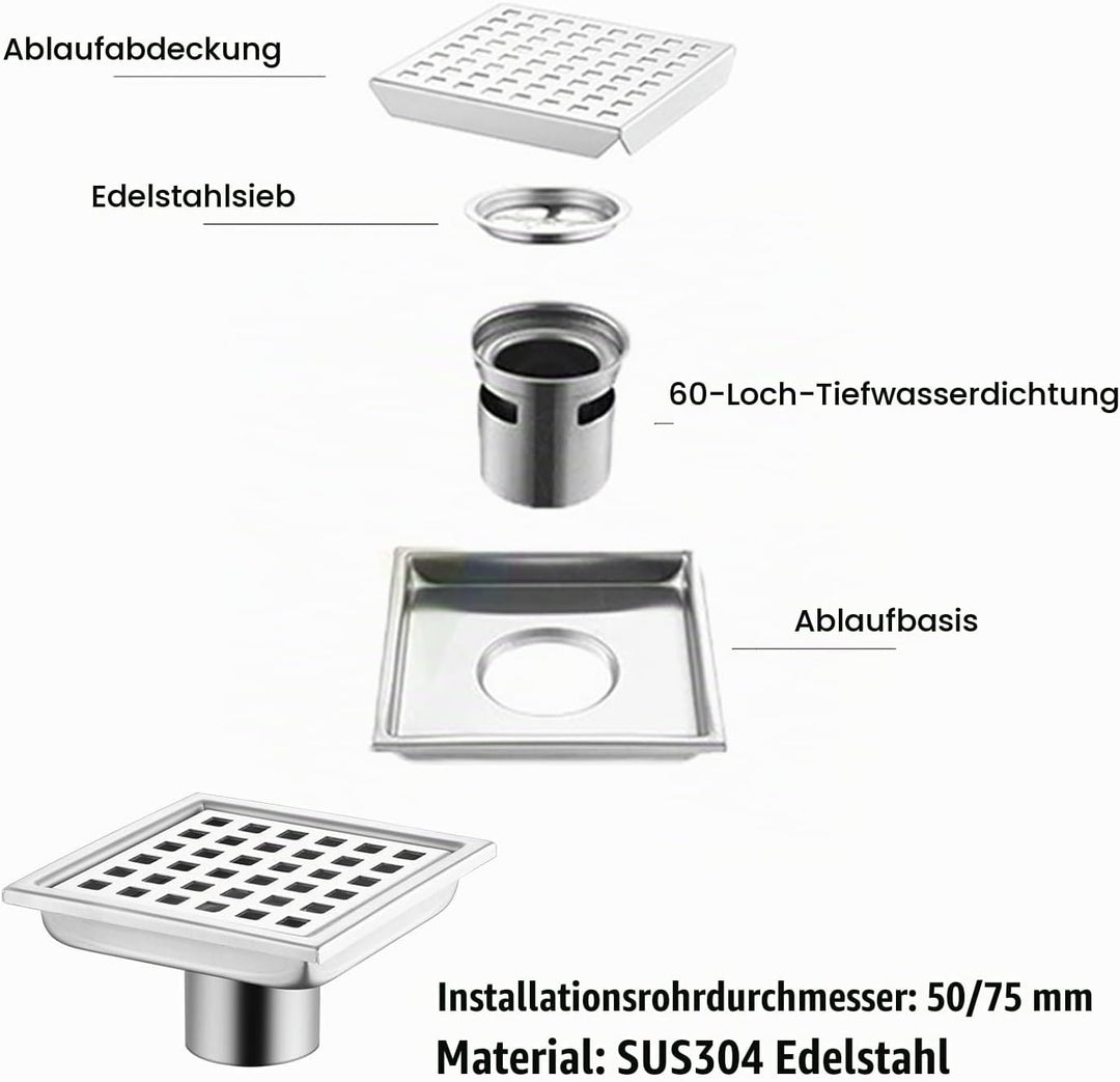 Bodenablauf Duschrinne Quadratisch Edelstahl,15x15cm,Bodenablauf Dusche Haarfilter 2 in 1 Befliesbar