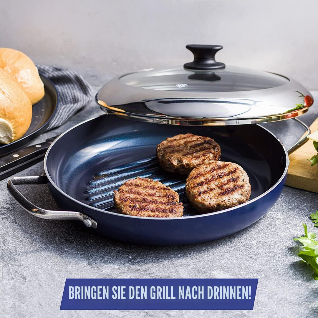 Blue Diamond Cookware Diamantierte Keramische Antihaft-Grillpfanne 28 cm mit Glasdeckel, PFAS-frei,
