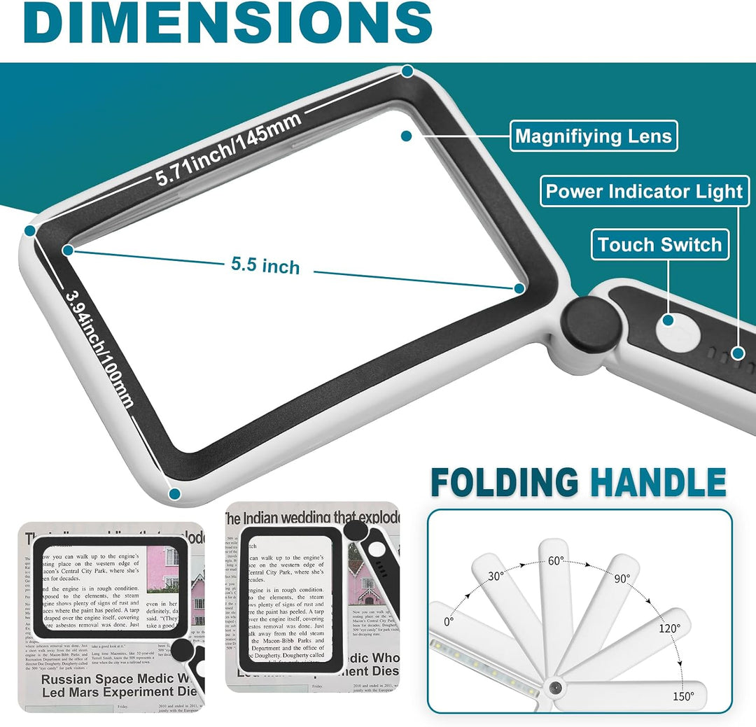 5-fache Lupe, verbesserte grosse Lupe zum Lesen, LED dimmbar, leichte Handlupe für Senioren, Lesen v