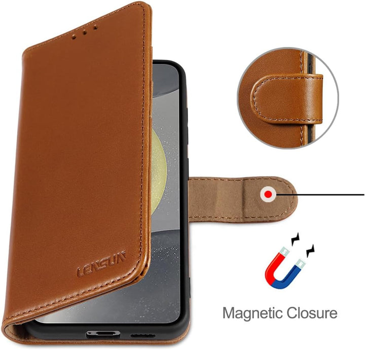 LENSUN Lederhülle für Samsung Galaxy S24, Echtleder Hülle [Standfunktion][RFID Blocker][Premium Echt