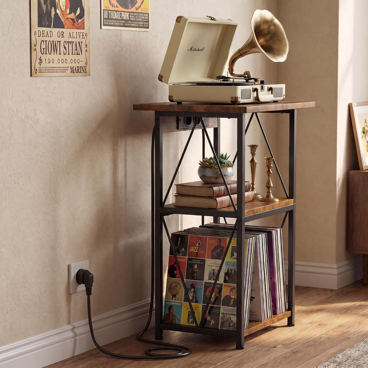 Plattenspieler Regal mit Ladestation, 50x40cm Schallplatten Regal, Braun | Stabiles Plattenspieler R