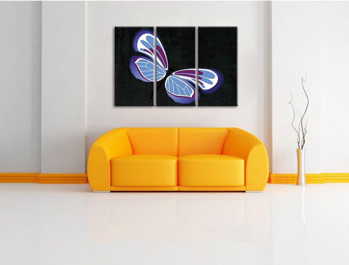 Pixxprint Hübscher lila-Blauer Schmetterling schwarz 3-Teiler Leinwandbild 120x80 Bild auf Leinwand