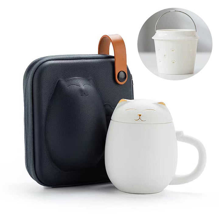 Katzenbecher mit Teesieb und Deckel, Niedliche Teetassen Kawaii-Tasse aus Keramik zum Ziehen, Handge