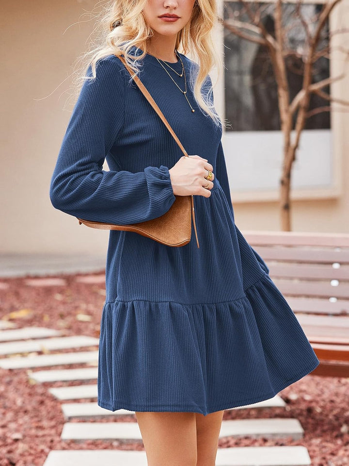 CUPSHE Damen Kleid Rundhals Langarm Volantsaum A Linien Herbst Winter Rippstruktur Kurze Minikleid F
