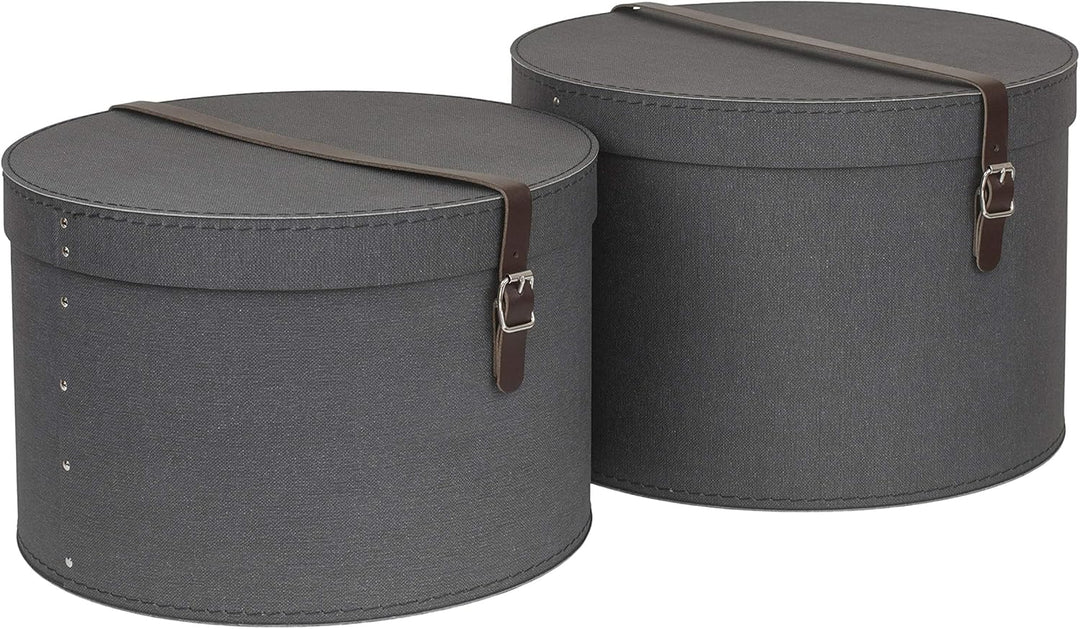 BIGSO RUT 2er-Set Aufbewahrungsbox mit Deckel – runde Ordnungsbox mit Lederriemen – grosse und klein