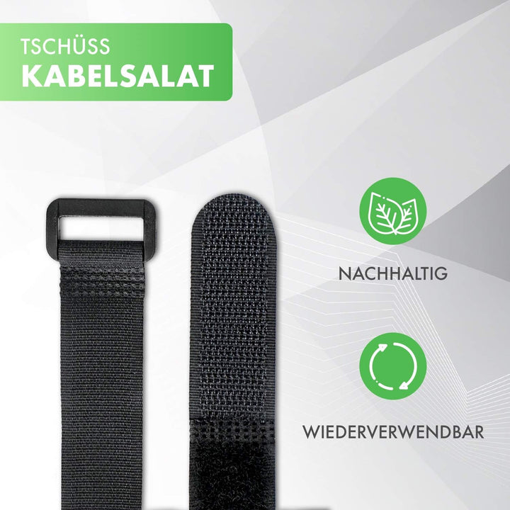 25x Klett Kabelbinder 30 cm - schwarz mit Schnalle - wiederverschliessbares Klettband 30cm mit Öse -
