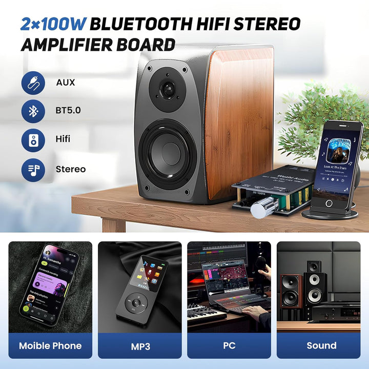 2x100W HiFi-Verstärker, Bluetooth 5.0 Audioverstärker Amp mit LC-Filter & TPA3116 Chip, Stereo Mini