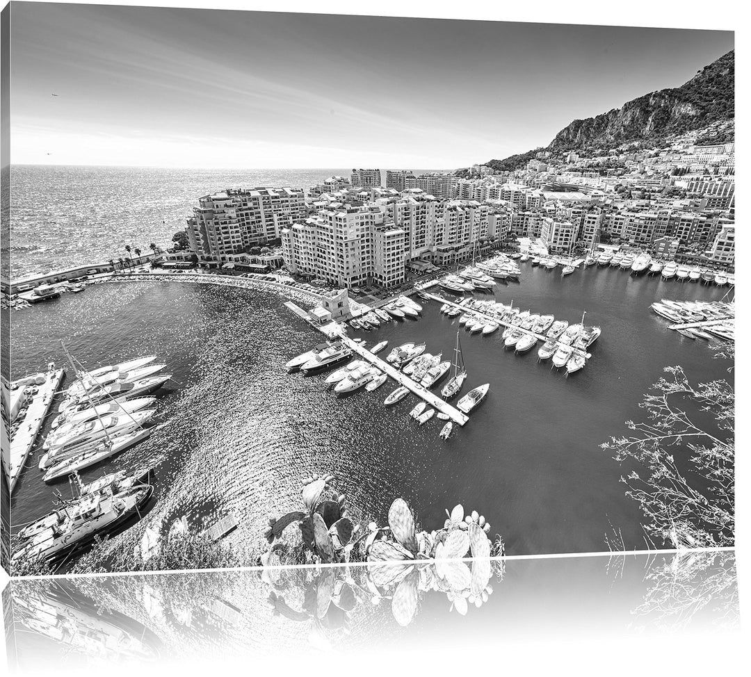 Pixxprint Atemberaubende Küste von Monaco Kunst B&W, Format: 100x70 auf Leinwand, 100x70