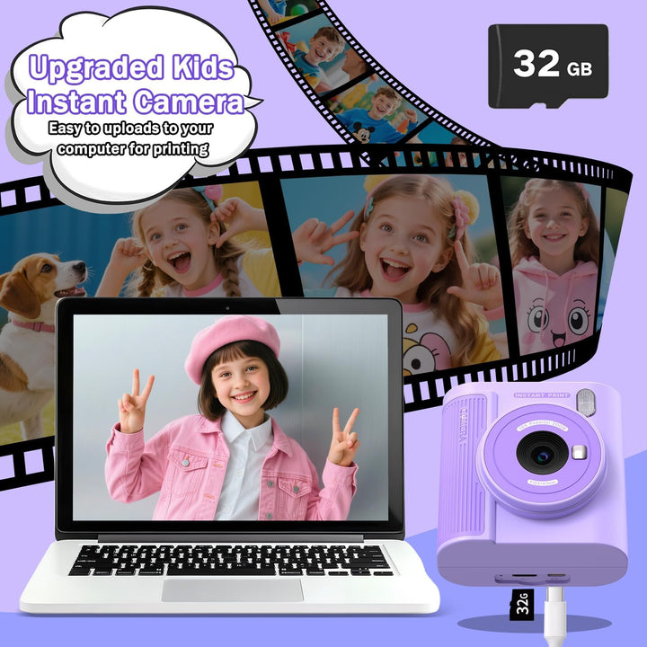 Zicor Kinderkamera mit Sofortdruck – 1080HD-Digitalkamera mit Video- & Druckfunktion für Kinder, lus
