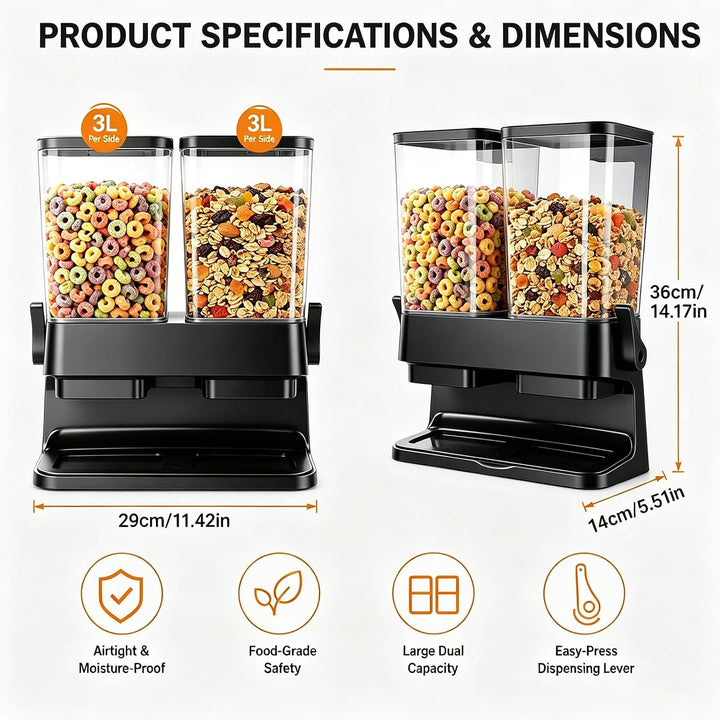Doppel Müslispender 2 x 3L Vorratsbehälter mit Spender, Cornflakes Spender für Trockenfutter, Cornfl