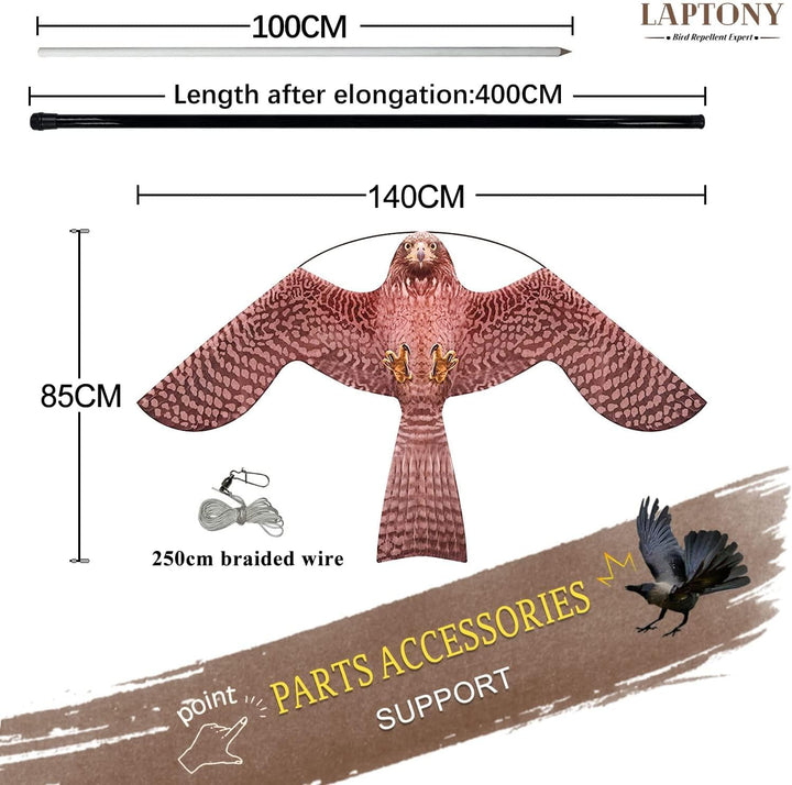 Laptony Bird Scarer Flying Kite Crops Farm Protector Bird Hawk Flying Kite mit 4 m Teleskopstange (S