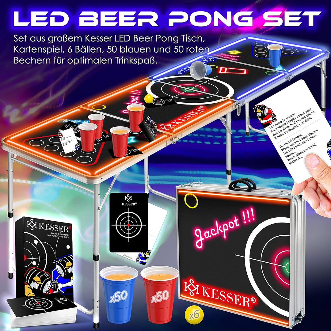 KESSER® Bier Pong Tisch Set mit Kartenspiel Trinkspiel LED-Action inkl. 100 Becher (50 Rot & 50 Blau