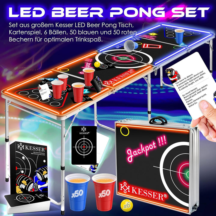 KESSER® Bier Pong Tisch Set mit Kartenspiel Trinkspiel LED-Action inkl. 100 Becher (50 Rot & 50 Blau