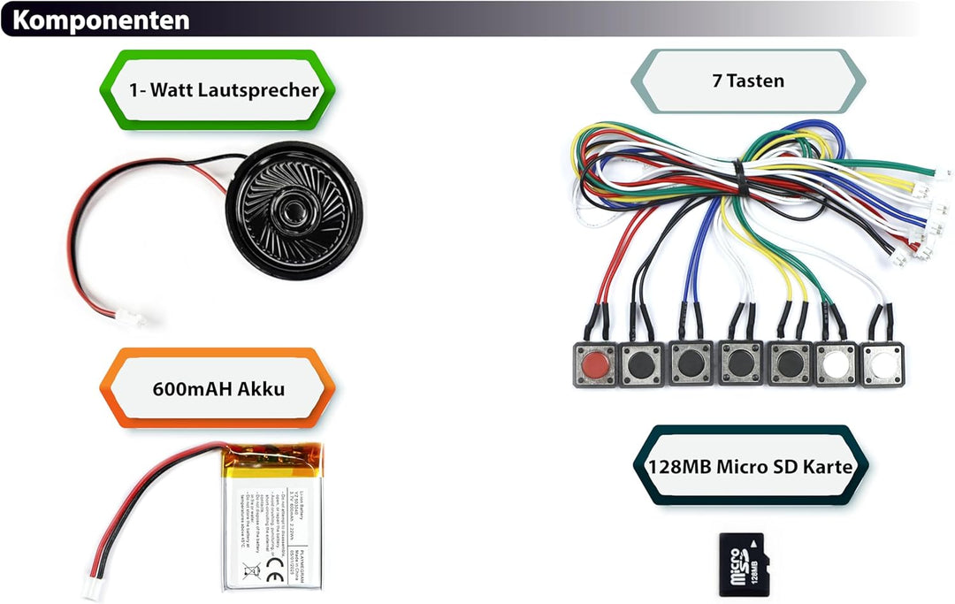 MP3 Soundmodul mit 7 Tasten, 3 Wiedergabeoptionen (Nicht Loop, Loop und Zufall), 128 MB Speicher, wi