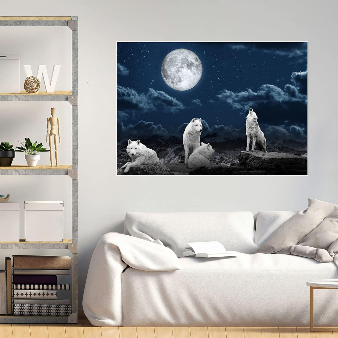 wandmotiv24 Poster als Wanddeko, Grösse 100x70cm, Wolfsrudel, Wolf, Gemälde, Mond, Wölfe, Felsen, Ti