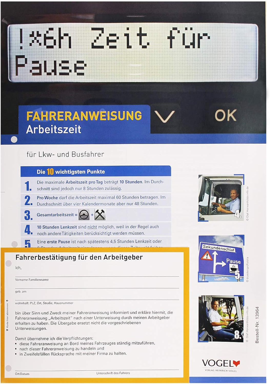 10er Pack Fahreranweisung Arbeitszeit für LKW- und Busfahrer Anweisung Anordnung Verhaltensregeln