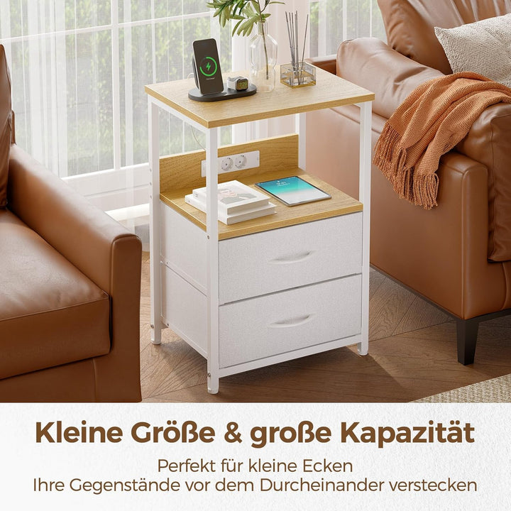 Rolanstar Nachttisch mit Ladefunktion, Beistelltisch mit LED-Leuchten, 2 Stoffschubladen & 3-stufige