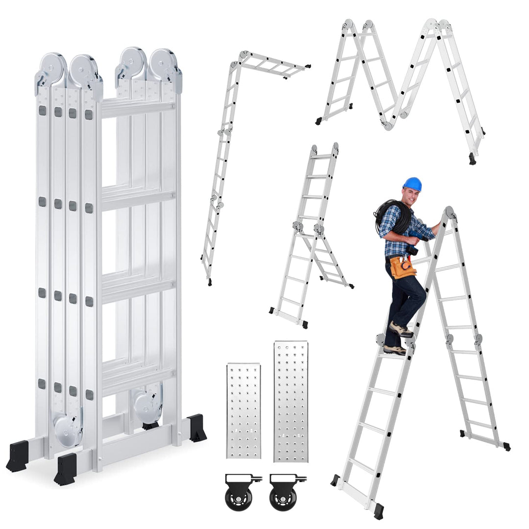 4x4 Mehrzweckleiter Aluminium, 470 cm Multifunktionsleiter Klappleiter mit 2 Plattform und 2 Räder,