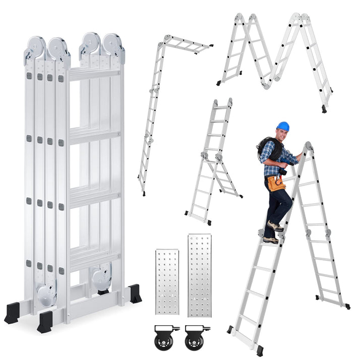 4x4 Mehrzweckleiter Aluminium, 470 cm Multifunktionsleiter Klappleiter mit 2 Plattform und 2 Räder,