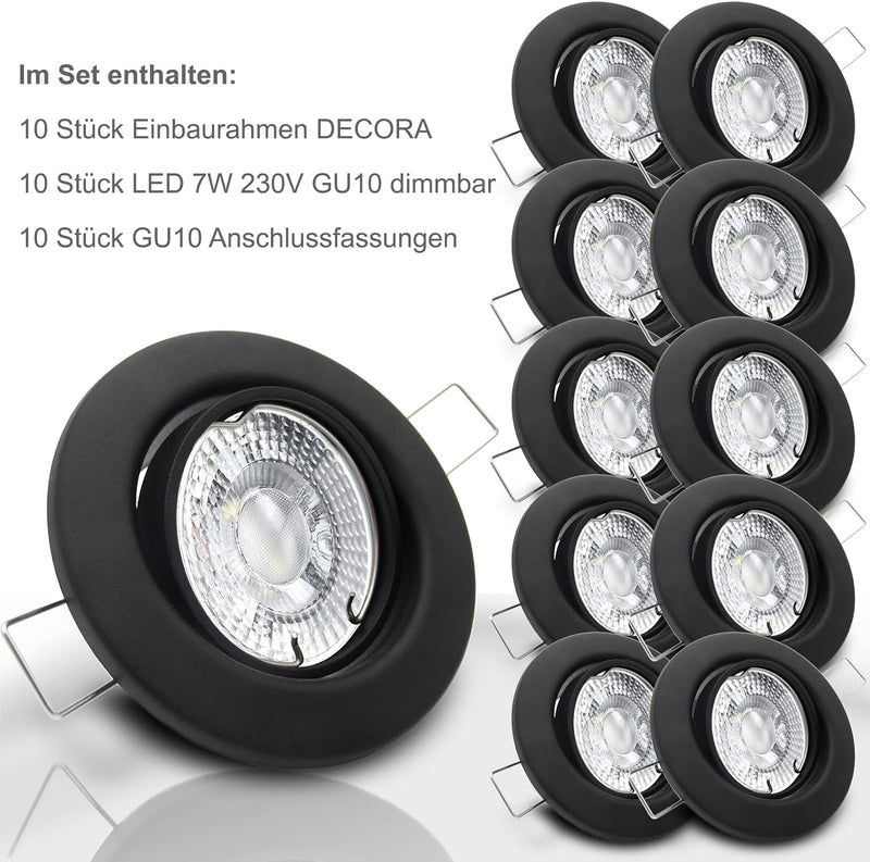 trendlights24 Decora LED Einbaustrahler 230V Schwarz matt rund dimmbar, 10er Set Spots 7W GU10 Warmw