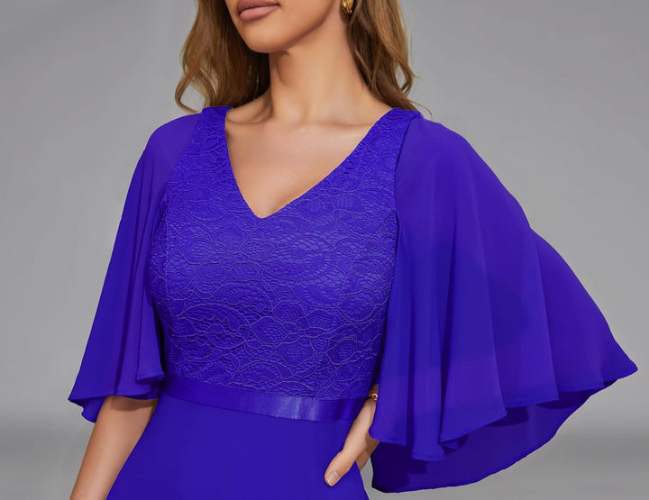DRESSTELLS Damen Ballkleid Lang Abendkleider Elegant für Hochzeit mit Kurze Ärmel XXL Royal Blue, XX