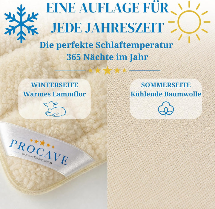 PROCAVE weiches Unterbett mit Lammflor und Schurwolle, hochwertige Matratzen-Topper, Matratzen-Schon