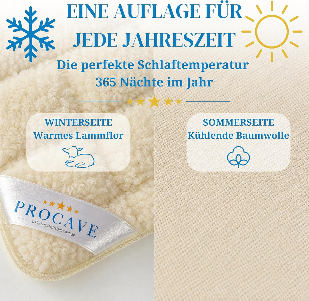 PROCAVE weiches Unterbett mit Lammflor und Schurwolle, hochwertige Matratzen-Topper, Matratzen-Schon