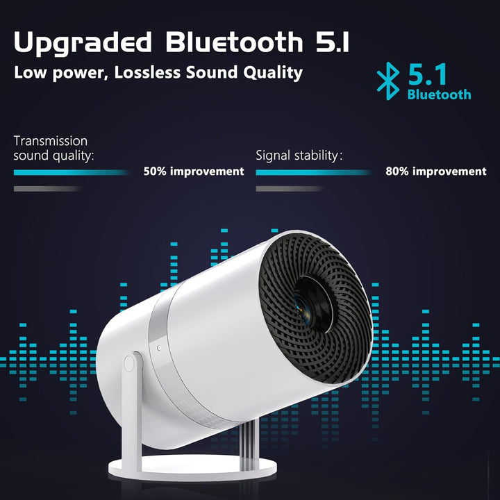 Mini Beamer Auto Trapezkorrektur mit Android OS, 210°Drehbarer, Smart Beamer WiFi6 Bluetooth mit 50%