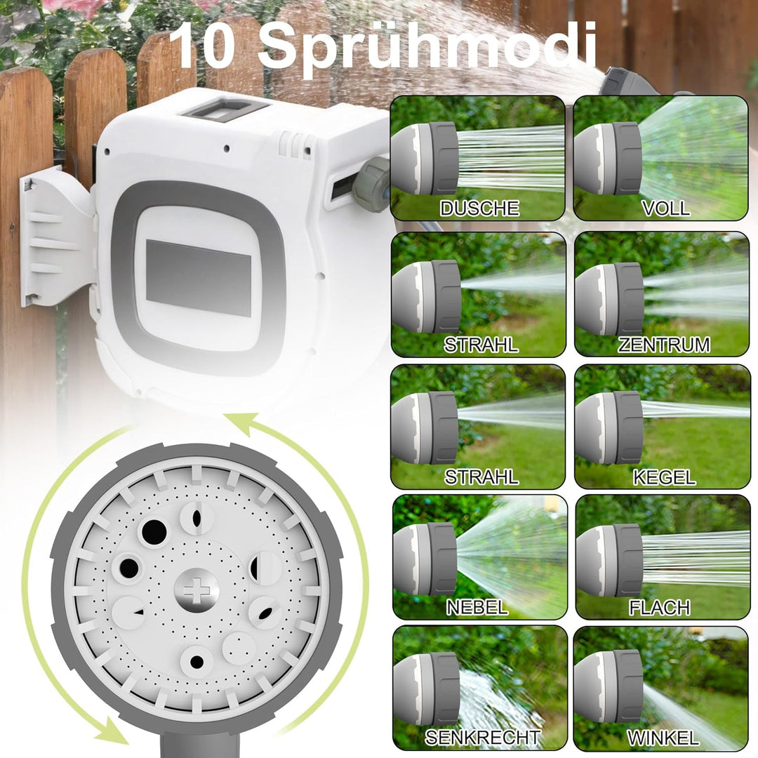 30m Gartenschlauch Schlauchtrommel Wandmontage, Automatik Aufrollfunktion,10 Funktionen Sprühdüse, 1