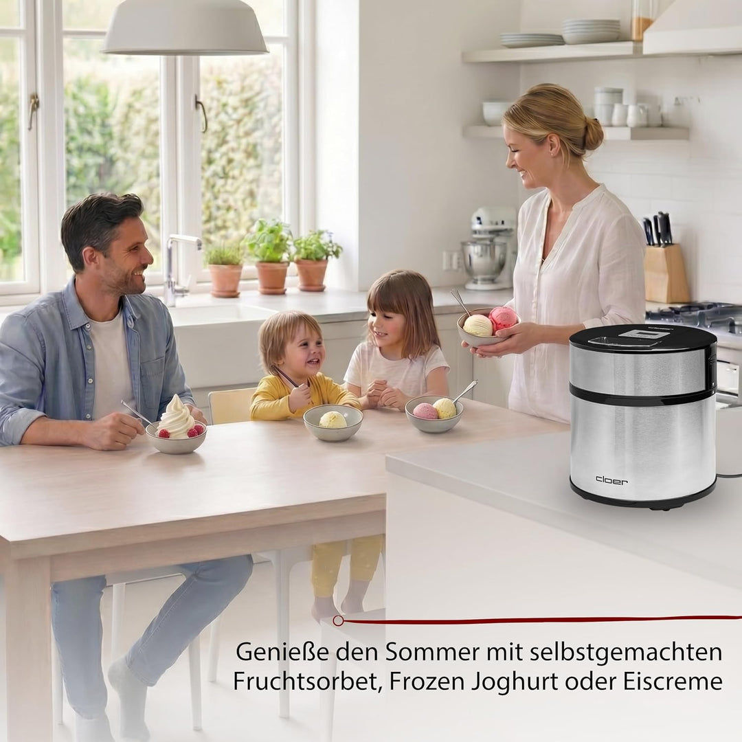 Cloer 9959 Eismaschine für Eis Creme, Eis, Frozen Joghurt und Sorbet, 1,5 l Fassungsvermögen, LED-Di