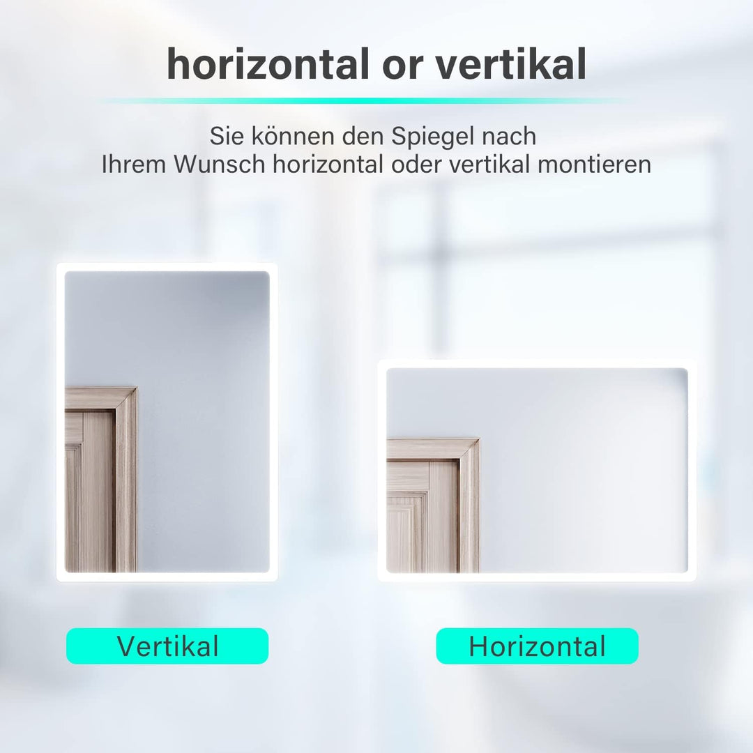 SONNI Badezimmerspiegel mit LED-Licht, 45 x 60 cm, kaltweiss, IP44, energiesparend. 60L x 40B cm Sil