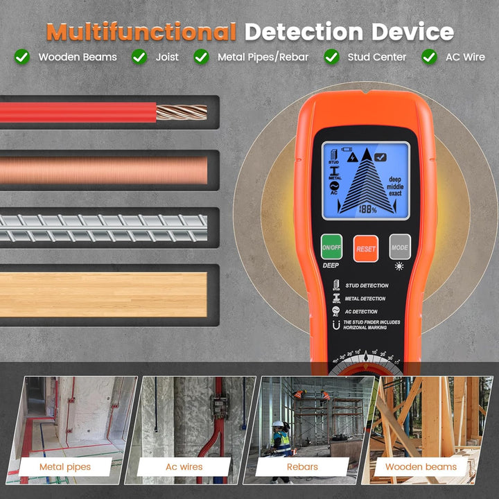 Leitungssuchgerät Ortungsgerät, Multifunktionaler Stud Finder mit LCD-Display & Audio-Alarm, Leitung
