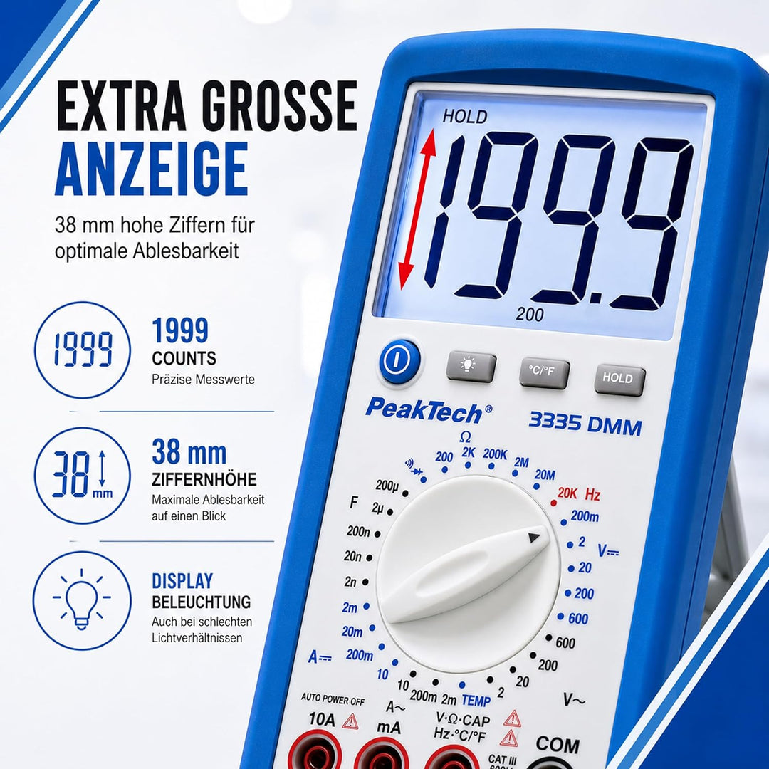 PeakTech Digitalmultimeter, 3 1/2 stellig Extra grosser LCD-Bildschirm - 2.000 Counts Single, Extra