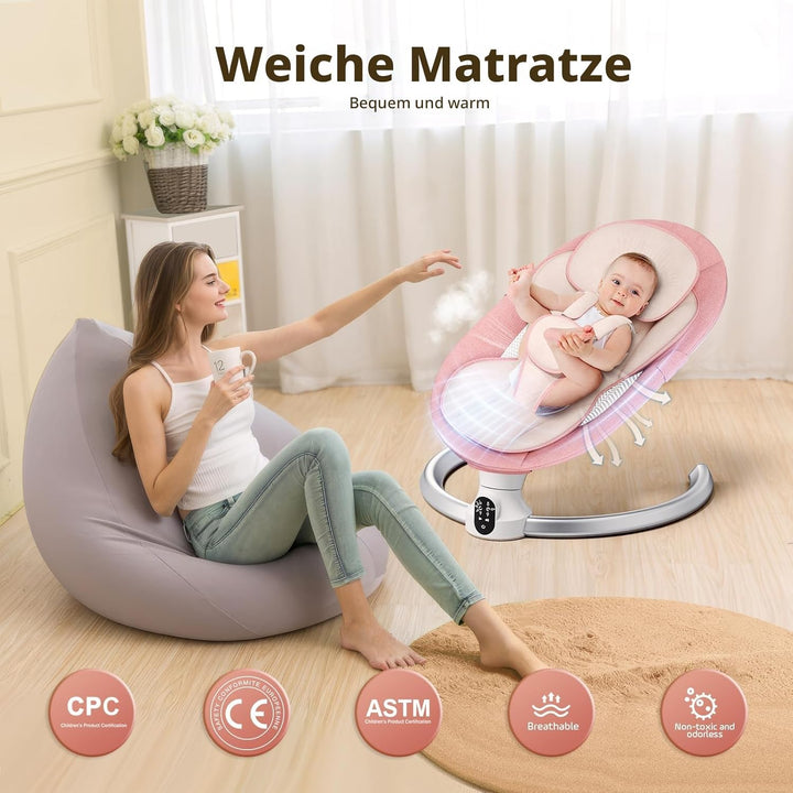Babywippe Elektrisc mit Fernbedienung & Bluetooth,Elektrische Babywippe mit 5 Schaukelstufen, Elektr