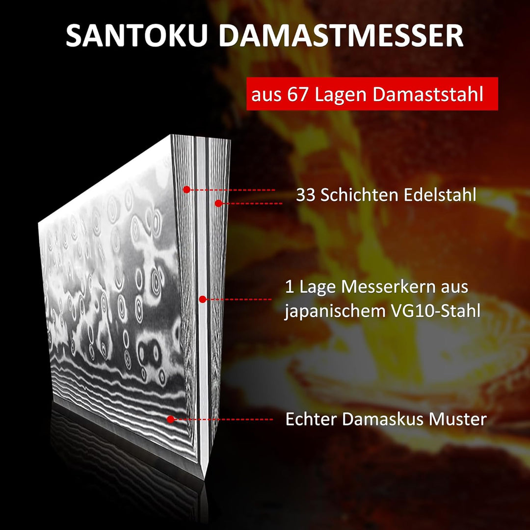 PAUDIN Santokumesser Damastmesser 17 cm, Ultra Scharfes Kochmesser aus 67 Lagen Damaststahl mit japa