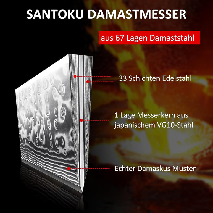 PAUDIN Santokumesser Damastmesser 17 cm, Ultra Scharfes Kochmesser aus 67 Lagen Damaststahl mit japa