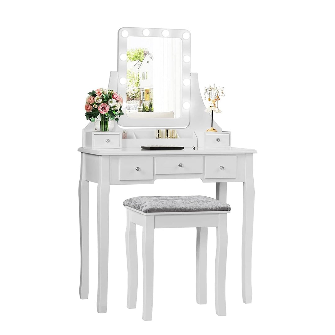 GOPLUS Schminktisch mit Spiegel und 10 LED-Birne, Kosmetiktisch mit 5 Schubladen und Organisator, Fr