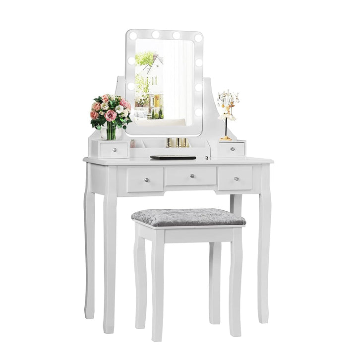 GOPLUS Schminktisch mit Spiegel und 10 LED-Birne, Kosmetiktisch mit 5 Schubladen und Organisator, Fr