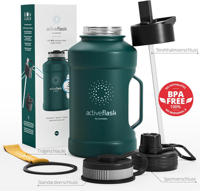 BeMaxx Trinkflasche Edelstahl ACTIVE FLASK + Strohhalm (3 Deckel) | Grosse 1,3 Liter Sportflasche BP