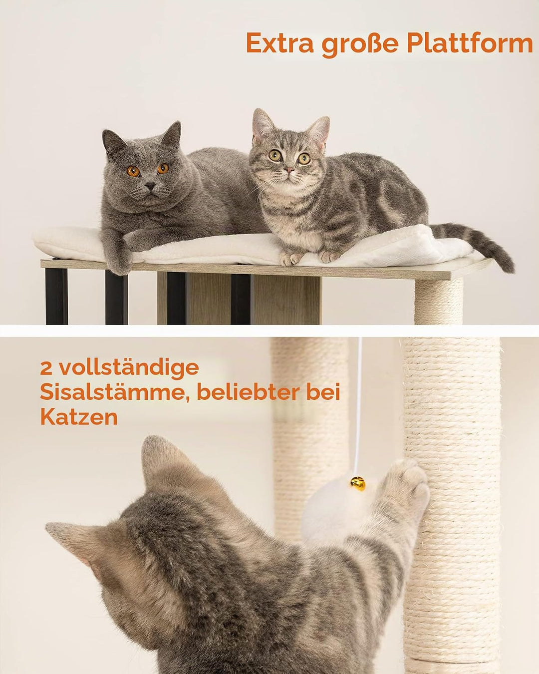FourFurPets 3-stufiger moderner Kratzbaum, 111 cm hoch, Katzenbaum, mit 2 Voll Sisal Kratzsäulen, 3