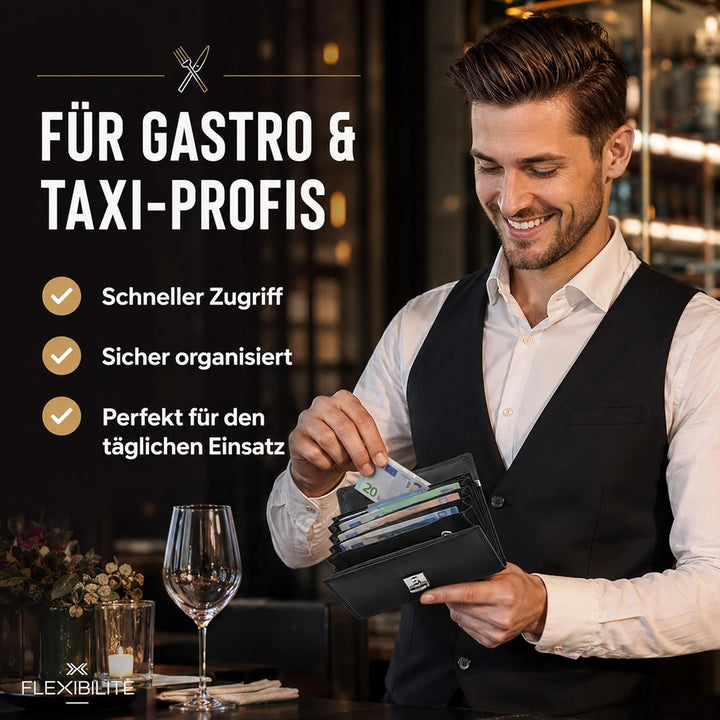 Echt Leder Kellner Geldbörse Profi Kellnerportemonnaie weich RFID | Kellnerbörse (18,5 x 9,5 x 4,5cm