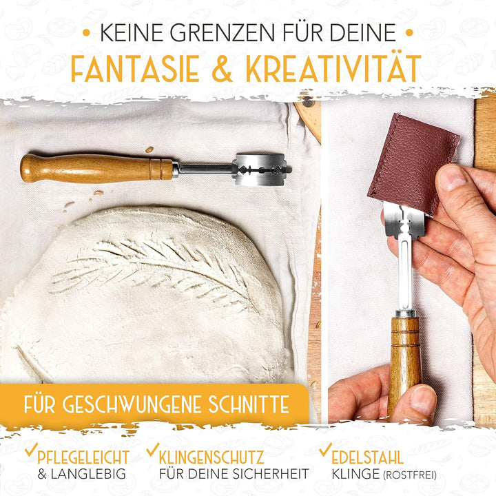 KRUSTENZAUBER Bäckermesser 2er Set [inkl. 20 Rasierklingen] - Teigmesser Set für gerade und geschwun