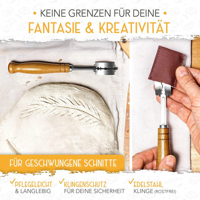 KRUSTENZAUBER Bäckermesser 2er Set [inkl. 20 Rasierklingen] - Teigmesser Set für gerade und geschwun