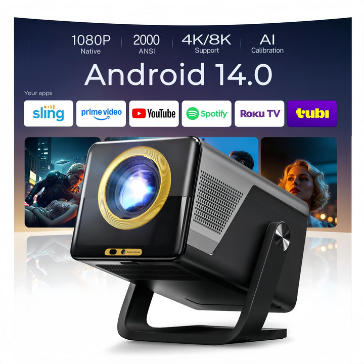 2026 Neuer 2000ANSI Beamer Smart Projektor Full HD Native 1080P Android14 Built-in Apps Autofokus/Ke