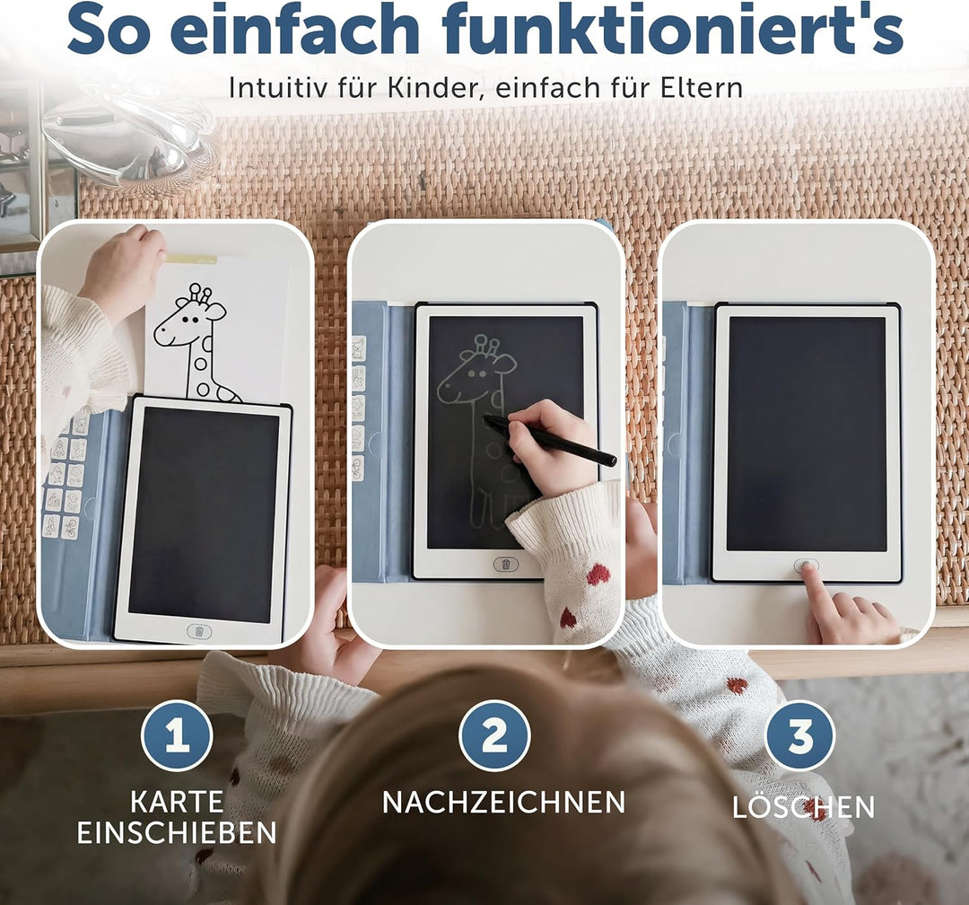 ZAZU Fun LCD Zeichentablet für Kinder – 8,5 Zoll Maltablet mit 40 Vorlagenkarten & Stift, Löschfunkt